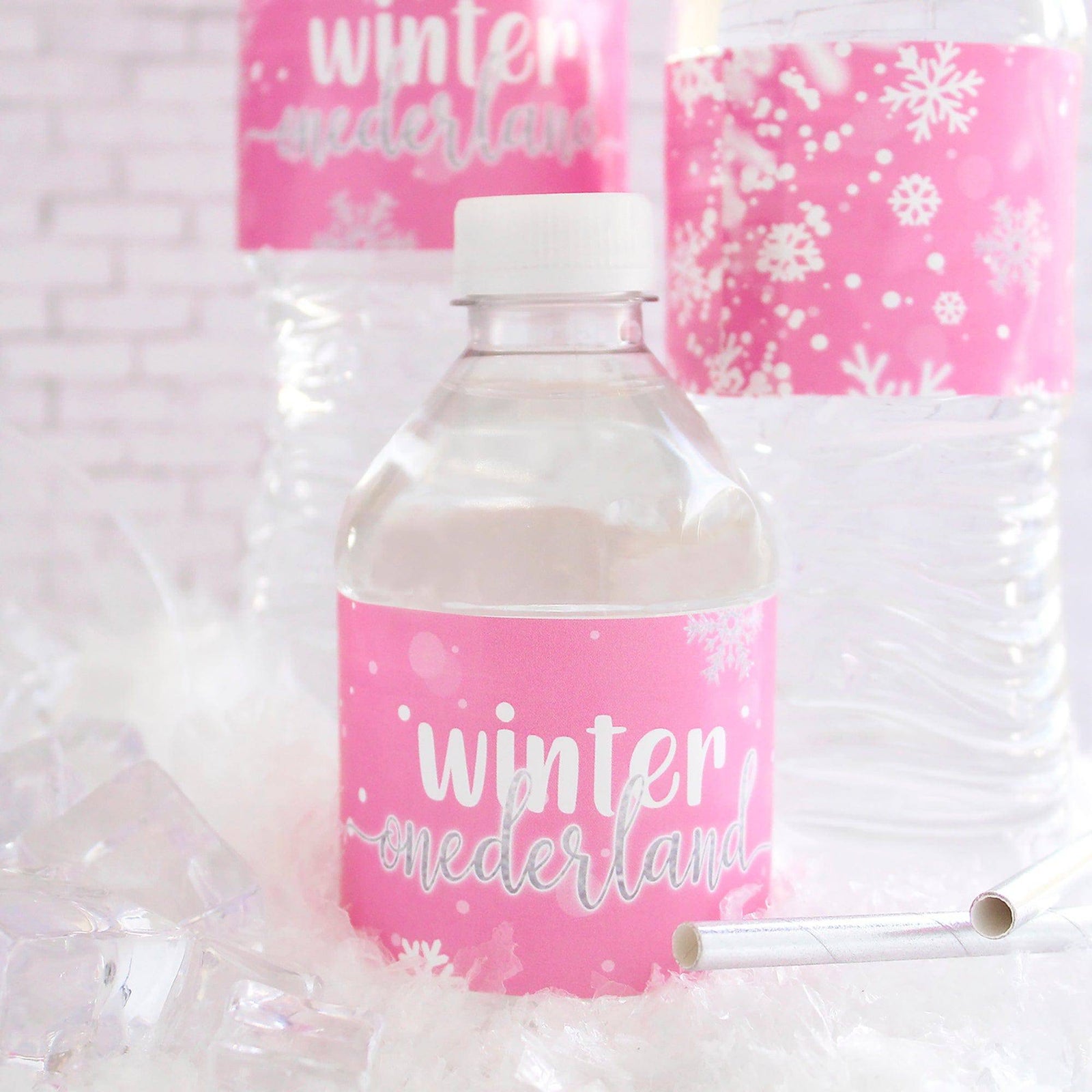 Onederland Snowflake: Pink-  Winter First Birthday - Water Bottle Labels - 24 Waterproof Stickers - Distinctivs Party