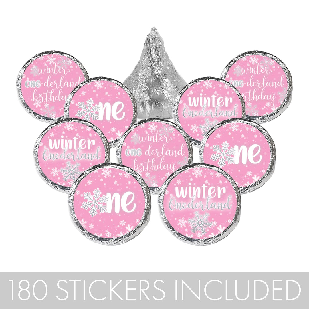 Pink Onederland Snowflake Winter 1st Birthday Favor Stickers - 180 Labels