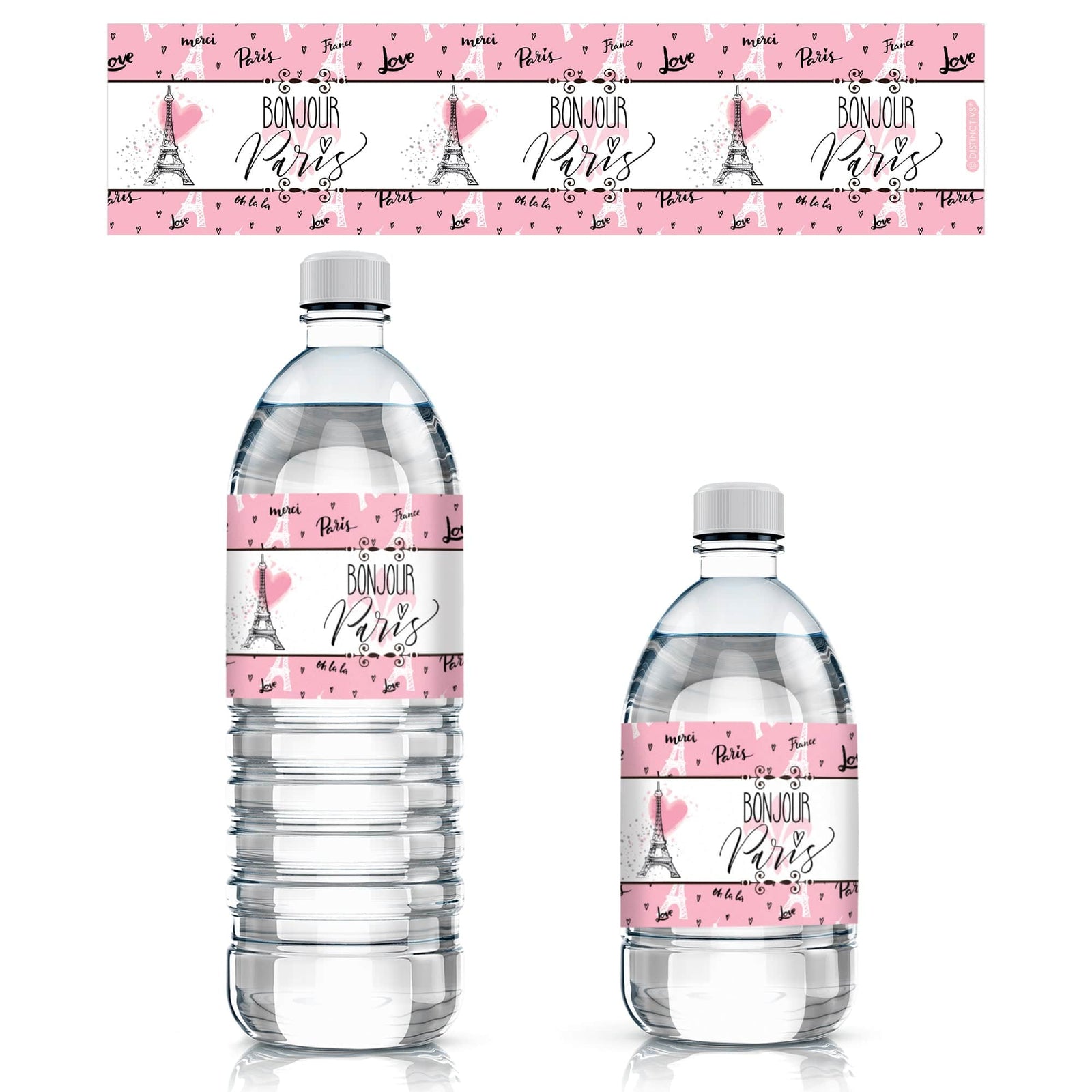 Paris in Pink: Kid's Birthday - Water Bottle Labels - 24 Waterproof Stickers - Distinctivs Party