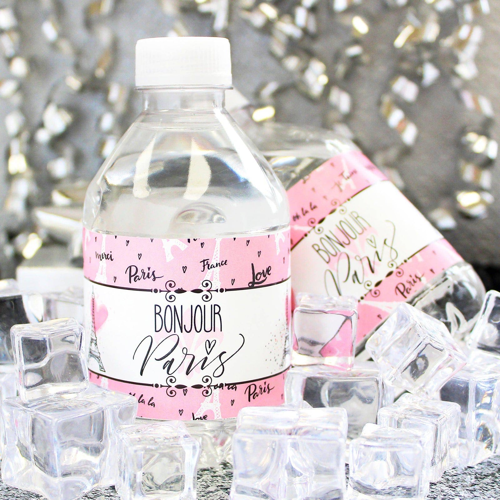 Paris in Pink: Kid's Birthday - Water Bottle Labels - 24 Waterproof Stickers - Distinctivs Party