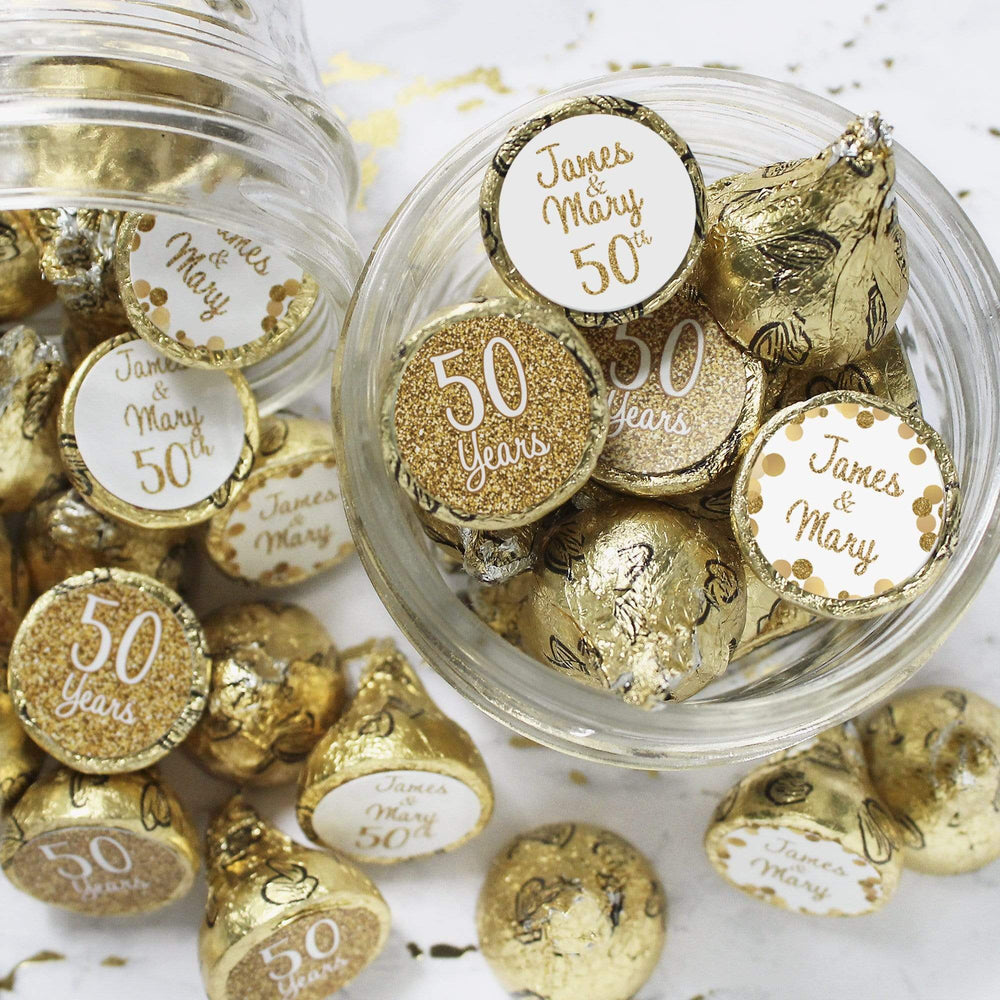 Personalized Gold Wedding Anniversary Party Favor Stickers - 180 Count