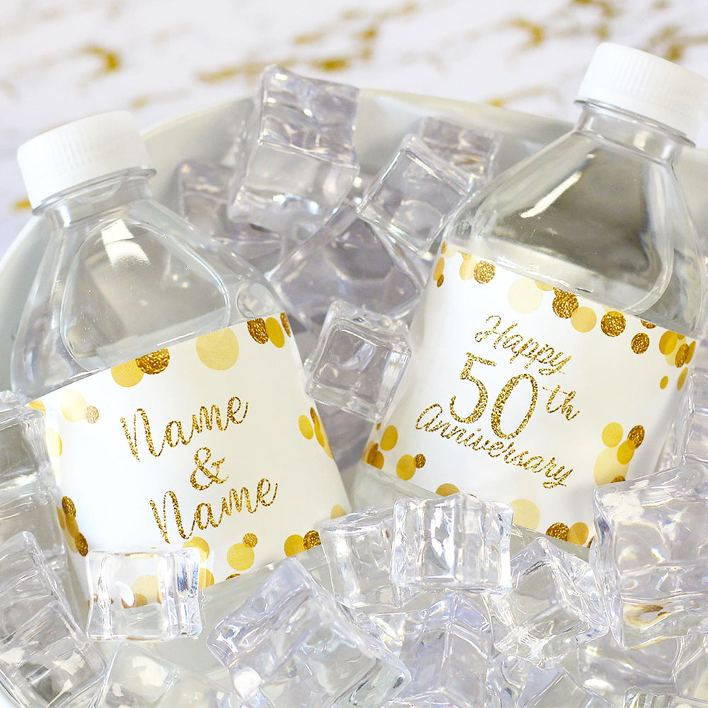 Personalized Gold Wedding Anniversary Water Bottle Labels - 24 Stickers