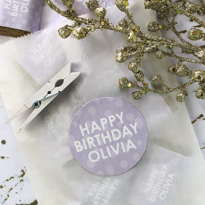 Lavender Personalized Happy Birthday Party Favor Stickers with Name - 1.75 in - 40 Labels