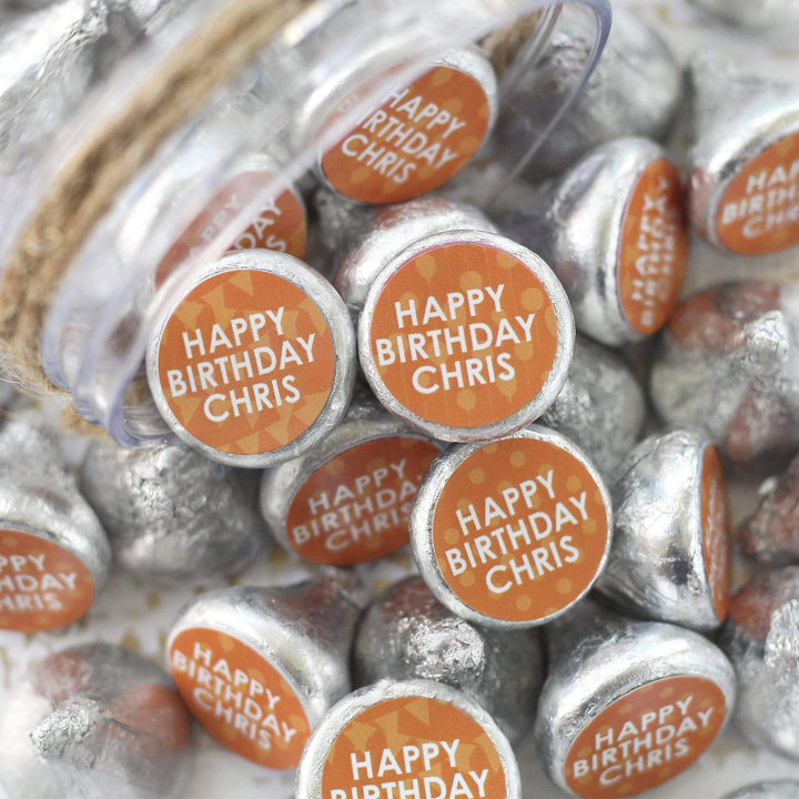 Orange Personalized Happy Birthday Party Favor Stickers With Name - 180 Stickers