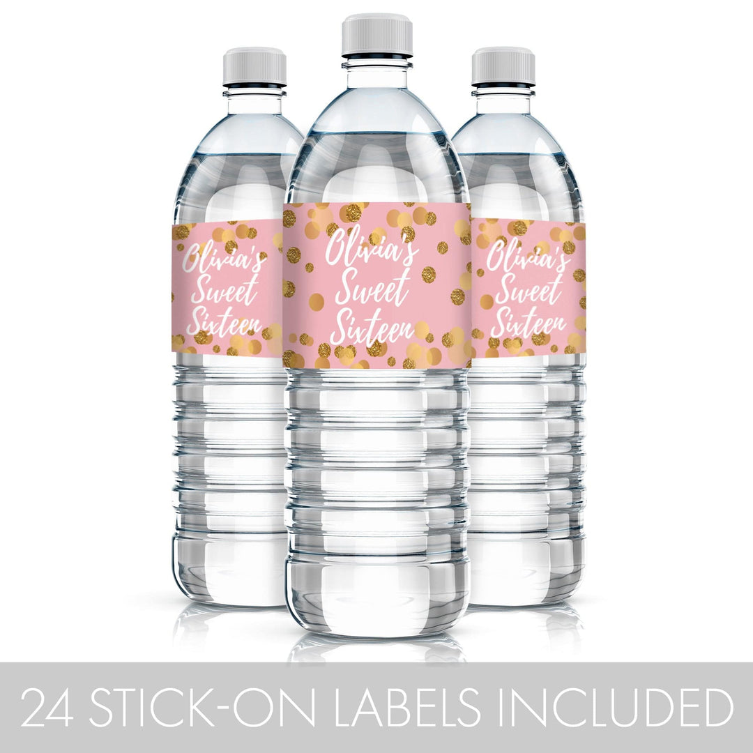 Celebrate your Sweet 16 in style with these pink and gold water bottle labels!