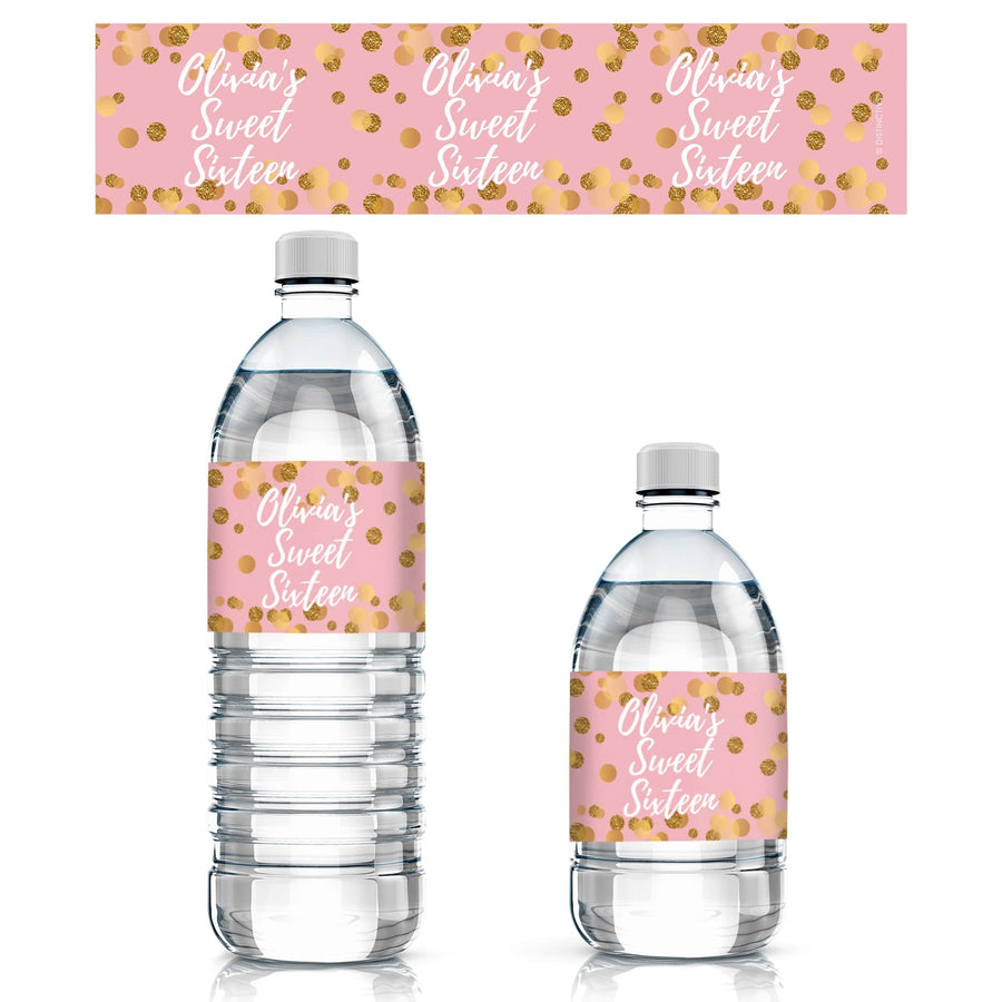 Personalized Pink and Gold Sweet 16 Water Bottle Labels - 24 Stickers