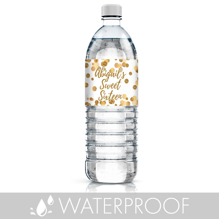 Make your sweet 16 party memorable with these special white and gold water bottle labels