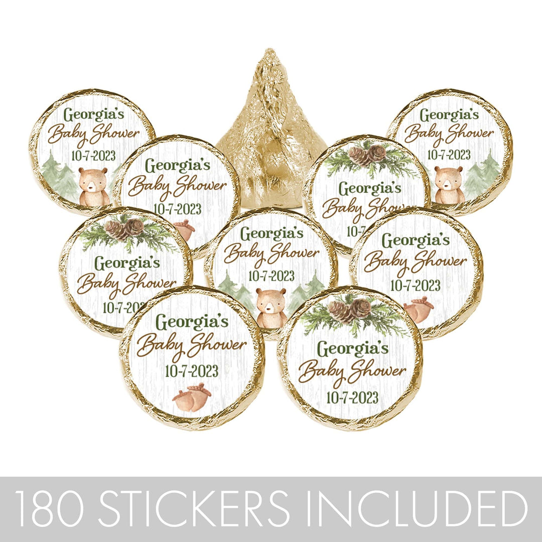Personalized Woodland Bear Baby Shower Party Favor Stickers - 180 Labels