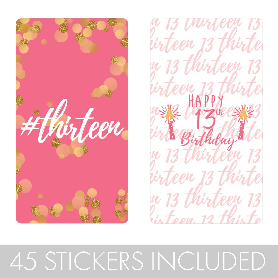  Take your special day to the next level with these pink and gold 13th birthday party mini candy bar stickers!