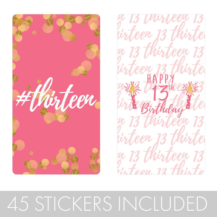  Take your special day to the next level with these pink and gold 13th birthday party mini candy bar stickers!