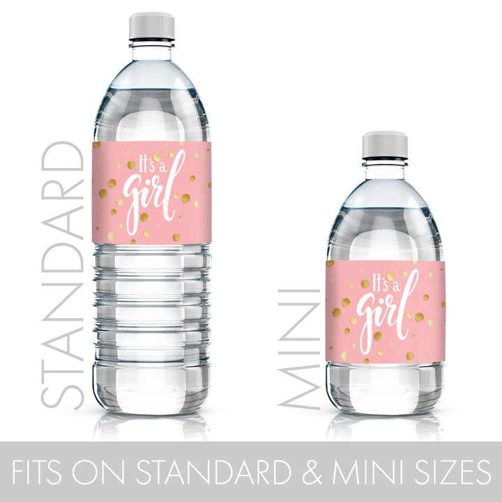 Pink and Gold It's a Girl Baby Shower Water Bottle Labels - 24 Count