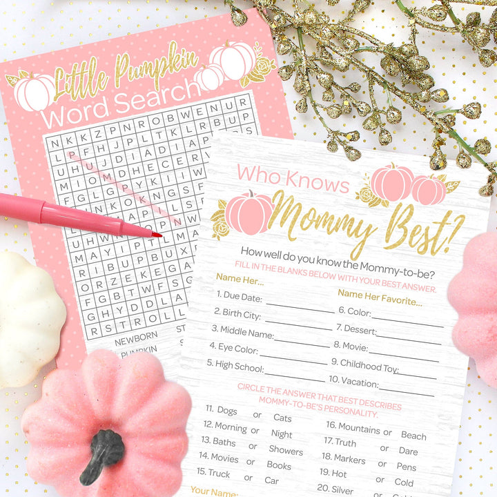 Pink and Gold Little Pumpkin Baby Shower 2 Game Bundle - Word Search and Who Knows Mommy Best Party Activity - 20 Dual Sided Cards