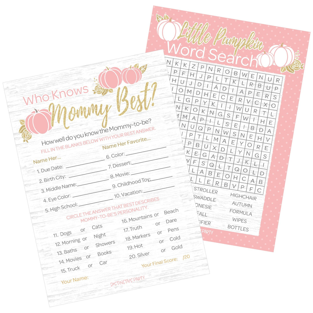 Pink and Gold Little Pumpkin Baby Shower 2 Game Bundle - Word Search and Who Knows Mommy Best Party Activity - 20 Dual Sided Cards