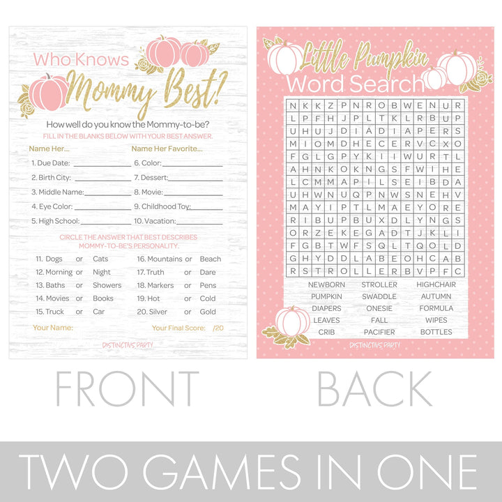 Pink and Gold Little Pumpkin Baby Shower 2 Game Bundle - Word Search and Who Knows Mommy Best Party Activity - 20 Dual Sided Cards