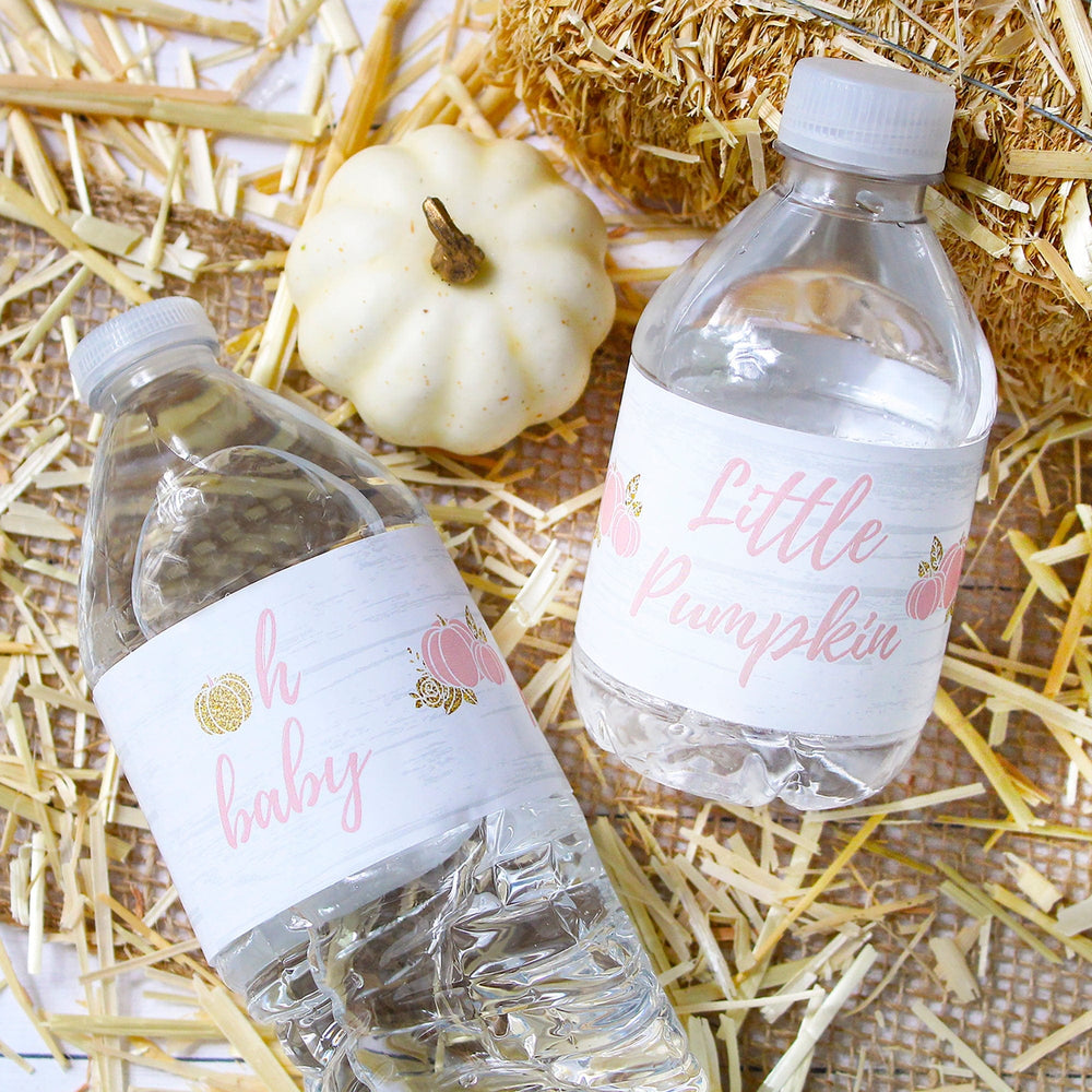 Pink and Gold Little Pumpkin Water Bottle Labels - 24 Stickers