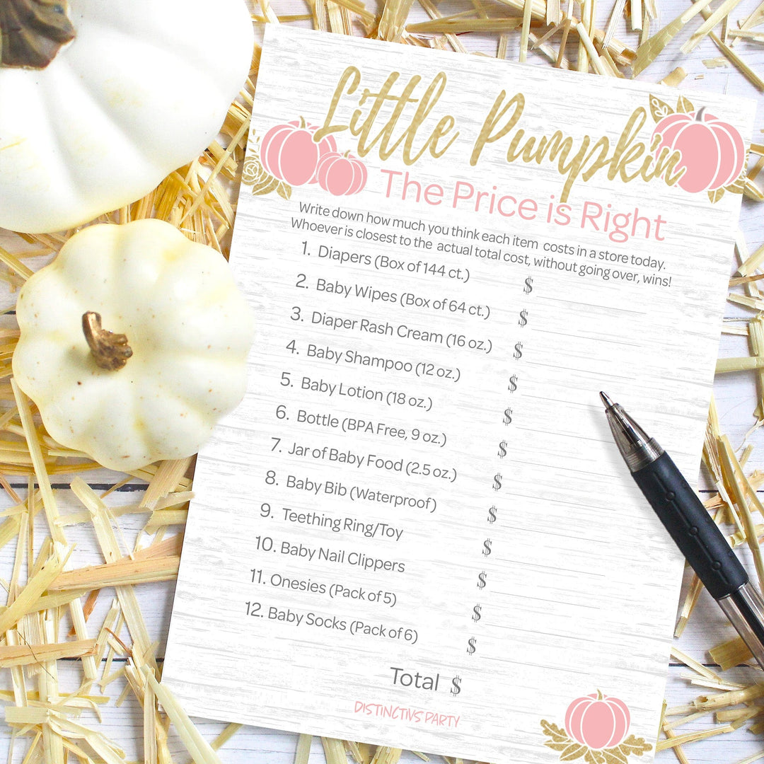 Pink and Gold Pumpkin Themed Baby Shower Price is Right Game Cards - 20 count