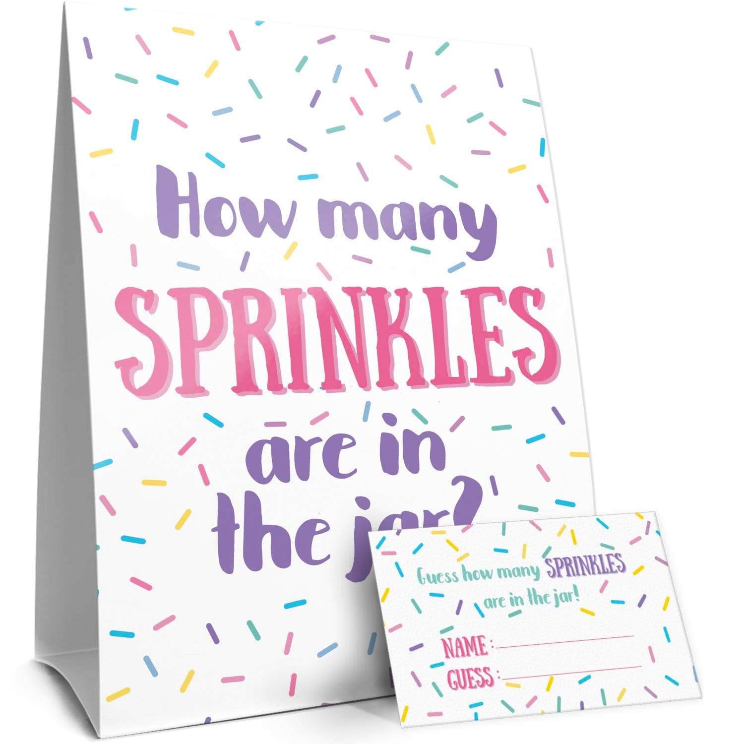 Pink and Purple: Kid's Birthday, Baby Shower - How Many Sprinkles in the Jar Party Game - Sign + 30 Cards - Distinctivs Party