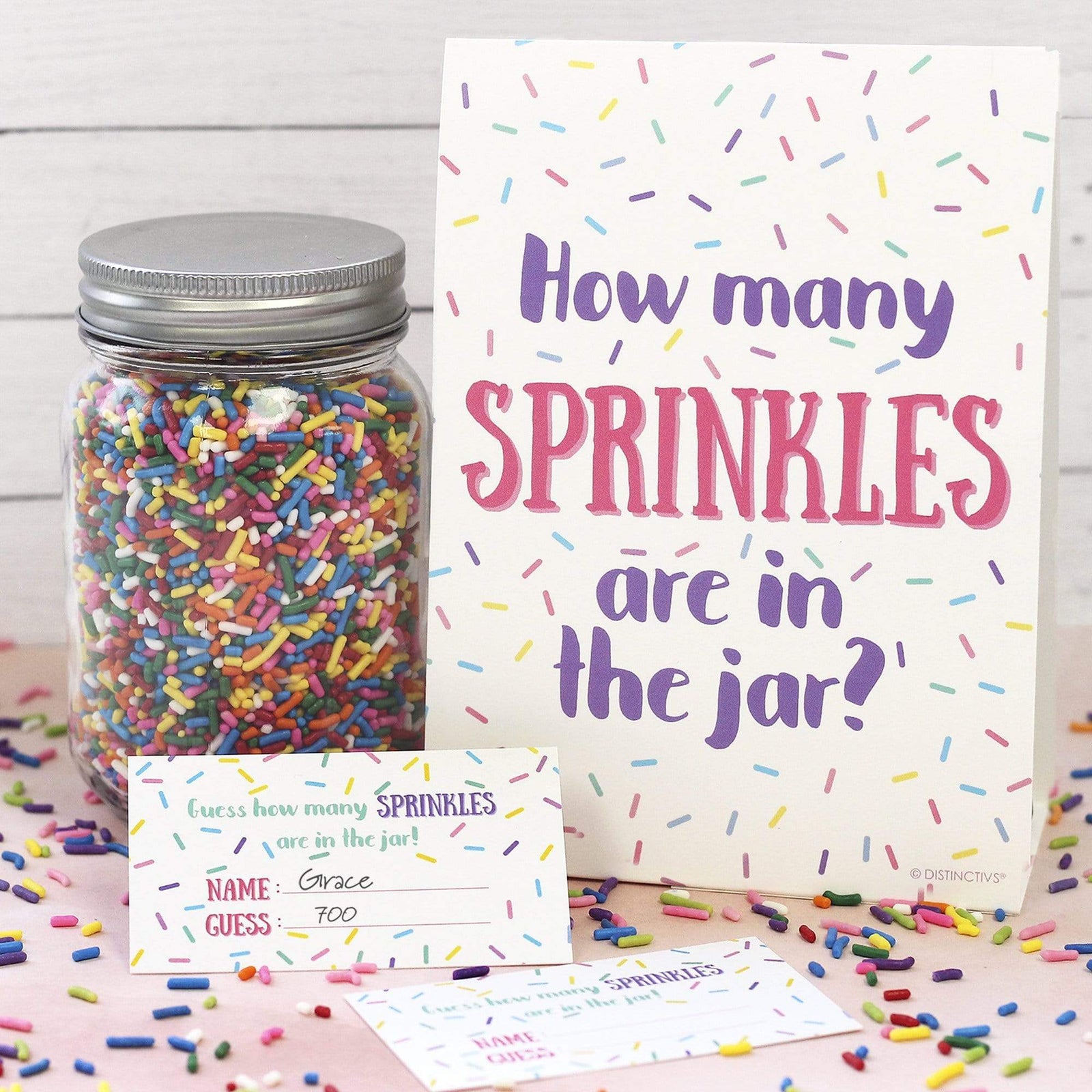 Pink and Purple: Kid's Birthday, Baby Shower - How Many Sprinkles in the Jar Party Game - Sign + 30 Cards - Distinctivs Party