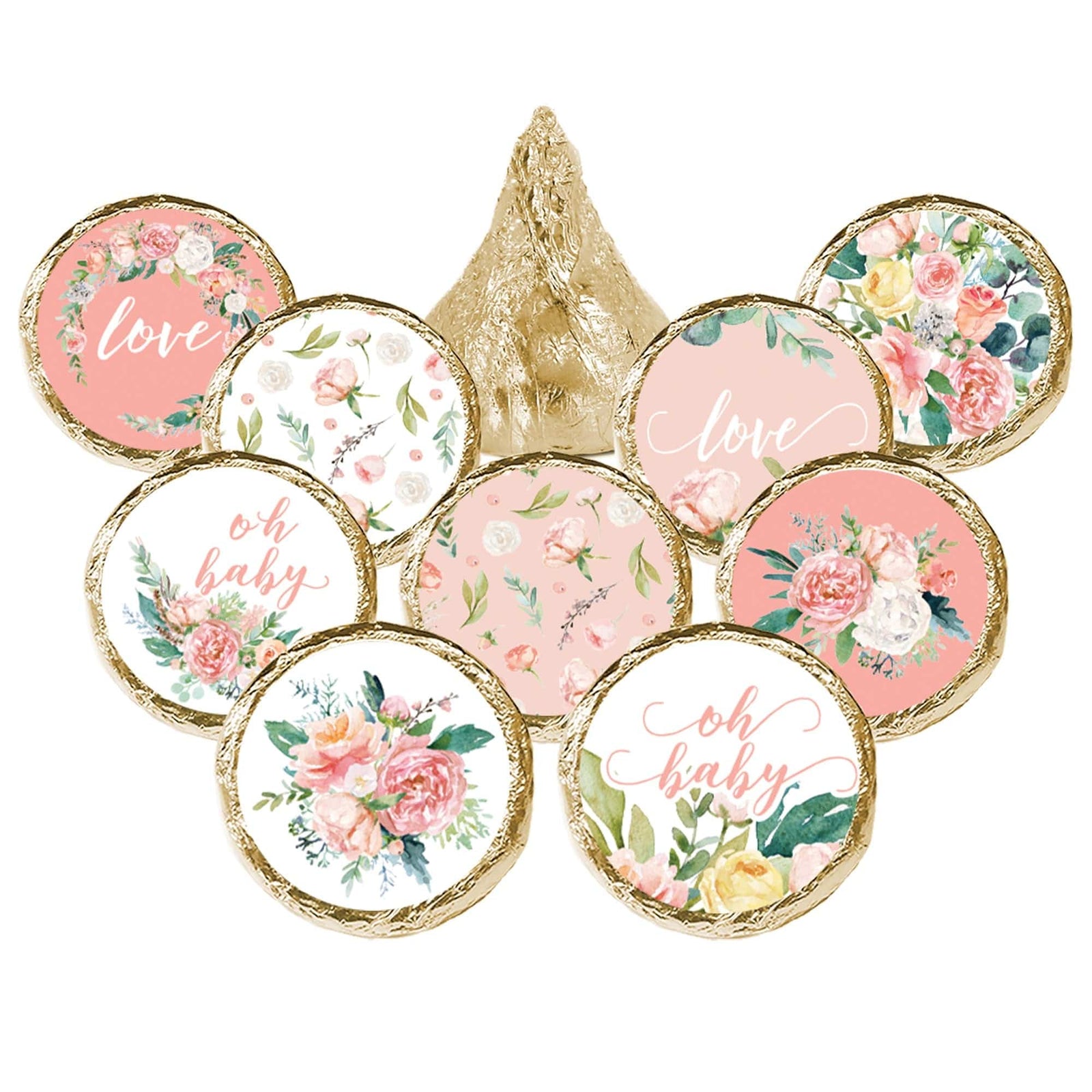 Pink Floral: Baby Shower Favor Stickers - Fits on Hershey's Kisses - Spring, Girl - 180 Stickers - Distinctivs Party