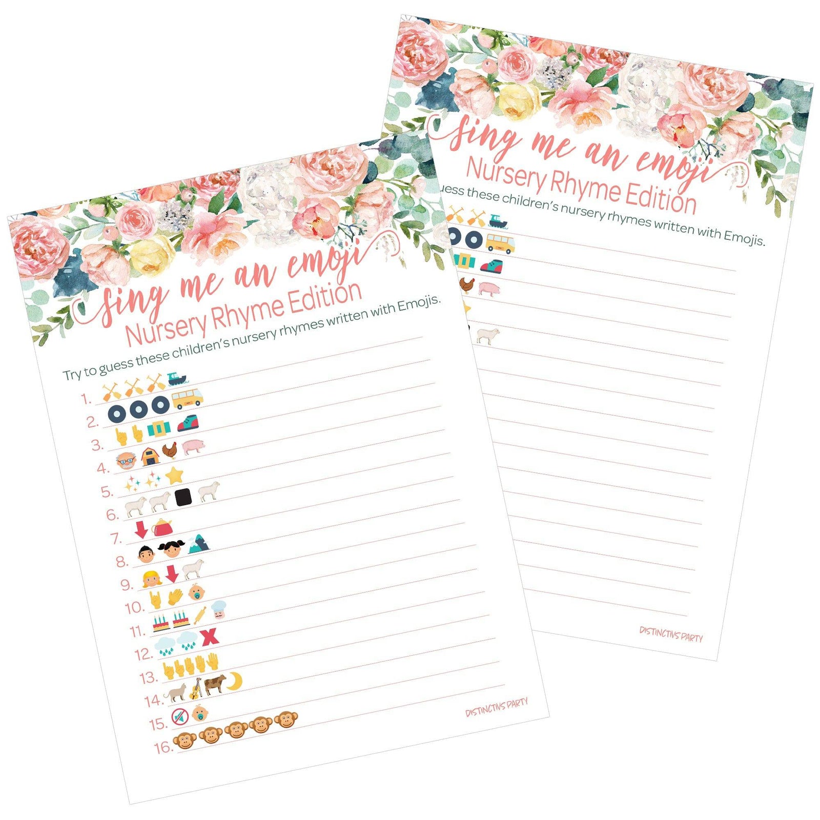 Pink Floral: Baby Shower Game - Guess the Nursery Rhyme Emoji - Spring, Girl - 20 Cards - Distinctivs Party
