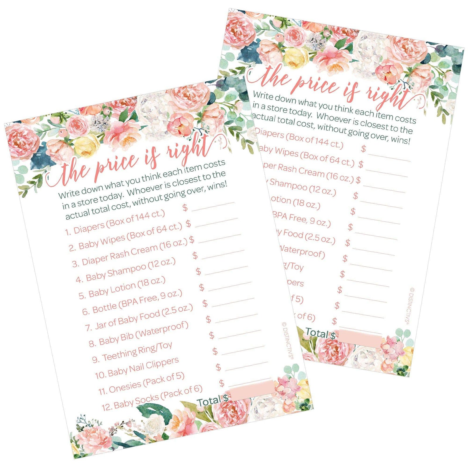 Pink Floral: Baby Shower Game - The Price is Right - Spring, Girl - 20 Game Cards - Distinctivs Party