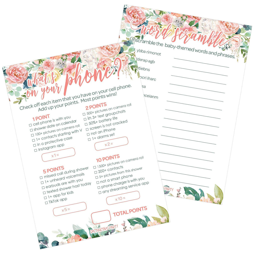 Pink Floral: Juego de baby shower - Qué hay en tu teléfono y Word Scramble - Paquete de dos juegos - Primavera, niña - 20 tarjetas de doble cara