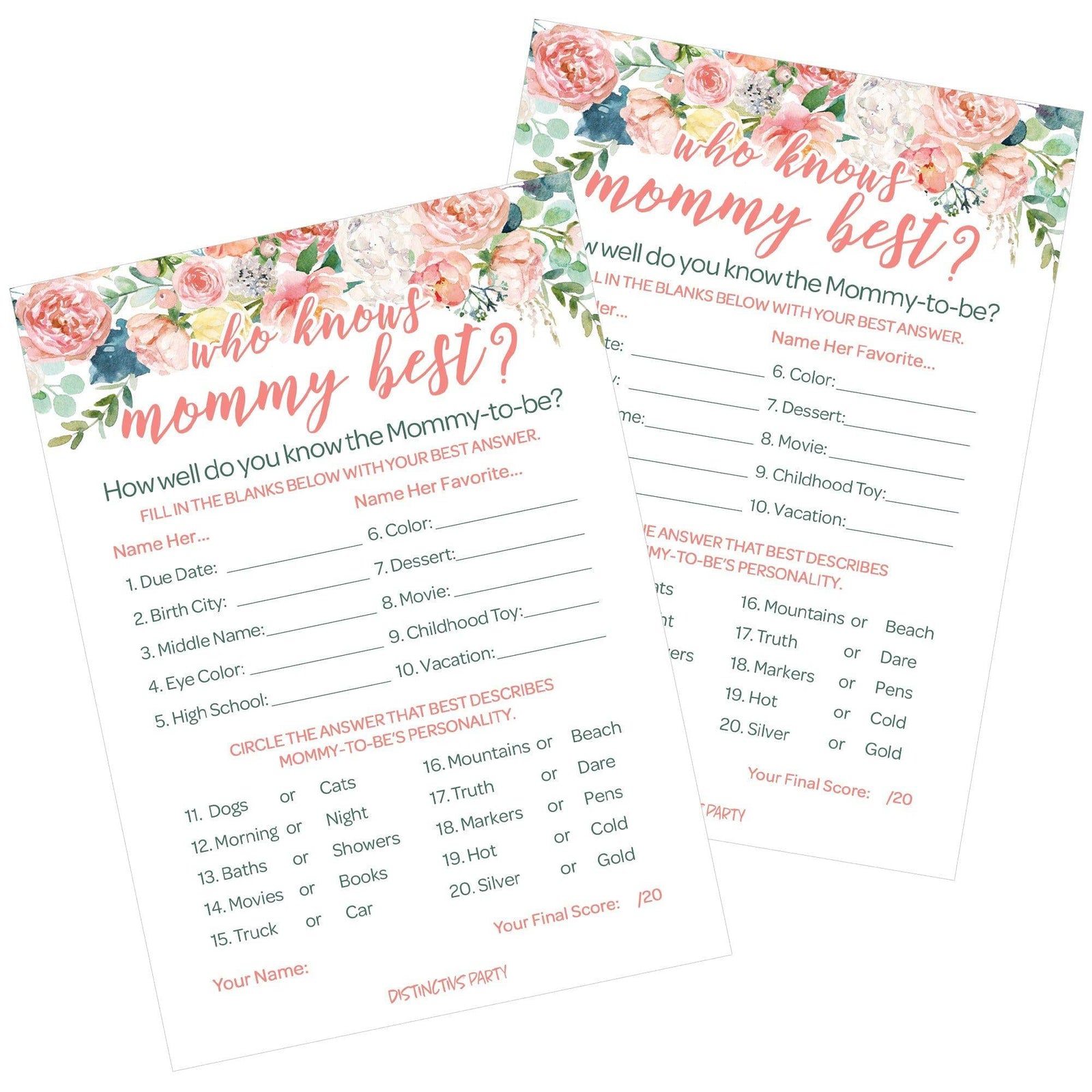 Pink Floral: Baby Shower Game - Who Knows Mommy Best - Spring, Girl -  20 Cards - Distinctivs Party