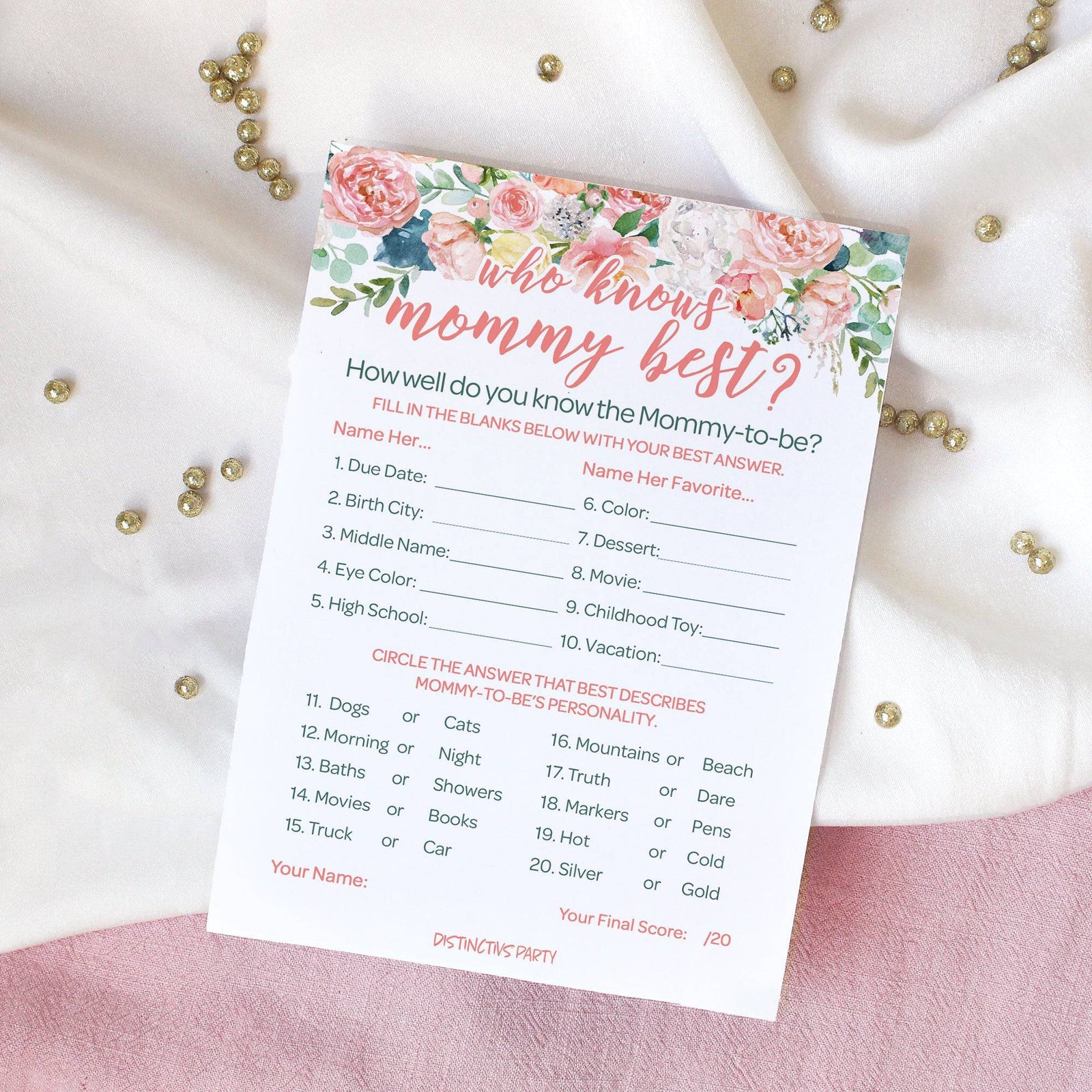 Pink Floral: Baby Shower Game - Who Knows Mommy Best - Spring, Girl -  20 Cards - Distinctivs Party