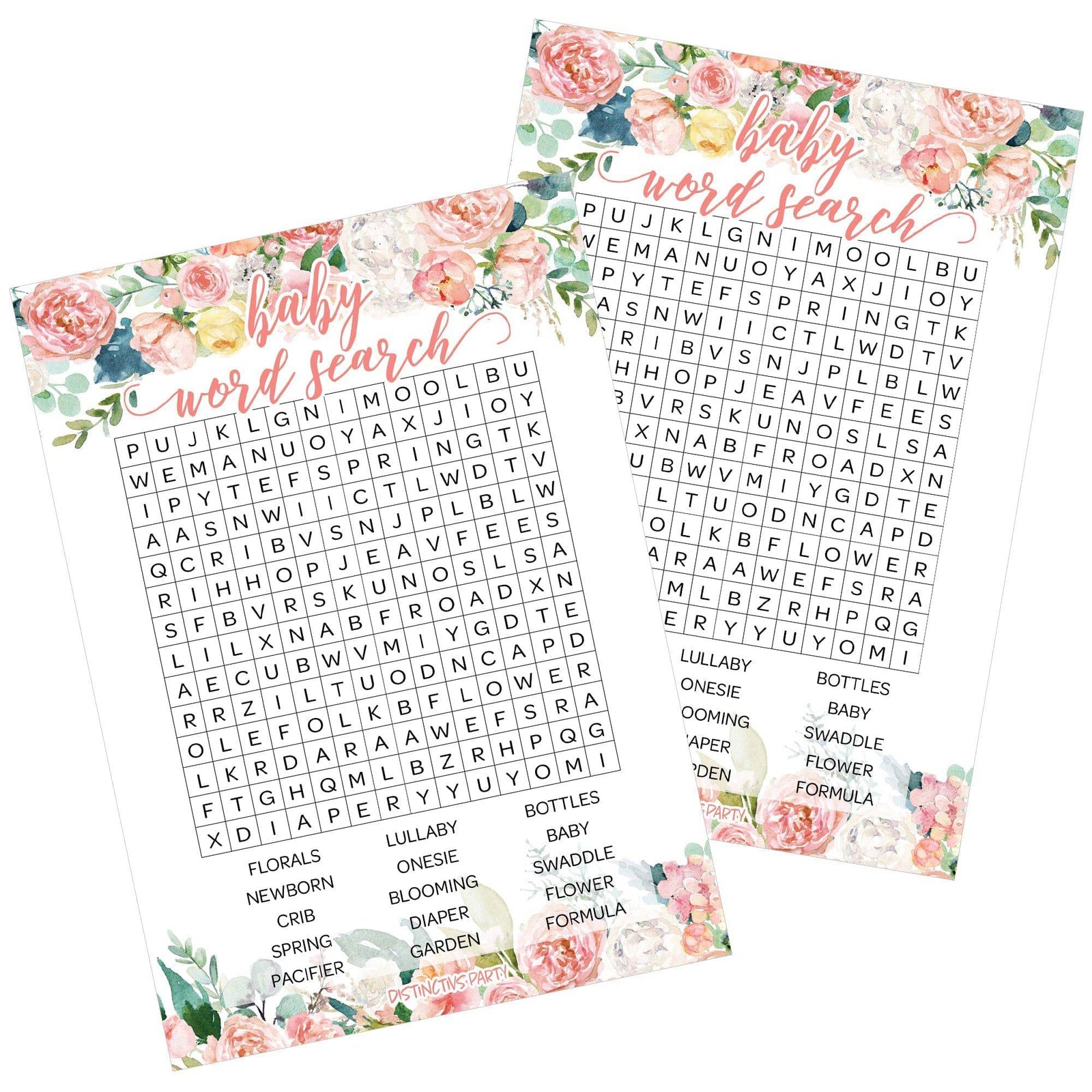 Pink Floral: Baby Shower Game - Word Search - Spring, Girl - 20 Cards - Distinctivs Party