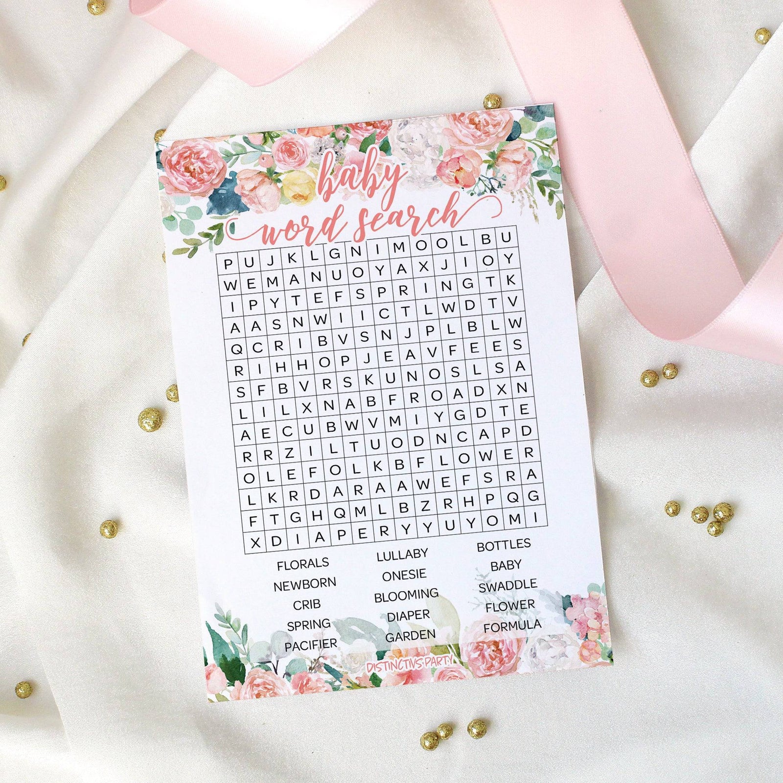 Pink Floral: Baby Shower Game - Word Search - Spring, Girl - 20 Cards - Distinctivs Party