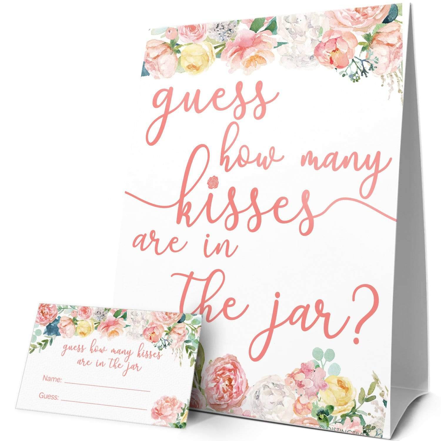 Pink Floral: How Many Kisses in the Jar Floral Party Game - Baby Shower, Kid's Birthday, Bridal, 1st Birthday - Distinctivs Party