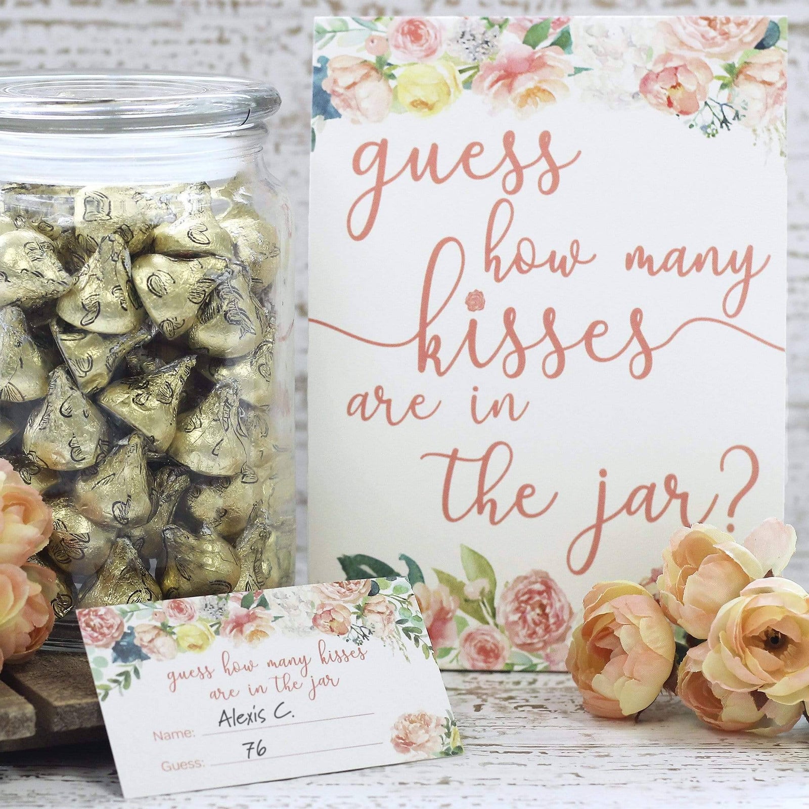 Pink Floral: How Many Kisses in the Jar Floral Party Game - Baby Shower, Kid's Birthday, Bridal, 1st Birthday - Distinctivs Party