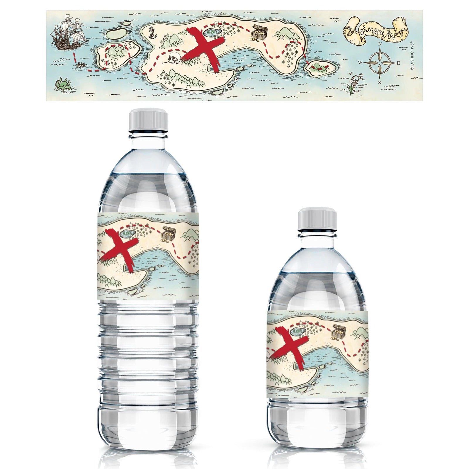 Pirate Treasure Map: Kid's Birthday - Water Bottle Stickers - 24 Waterproof Stickers - Distinctivs Party