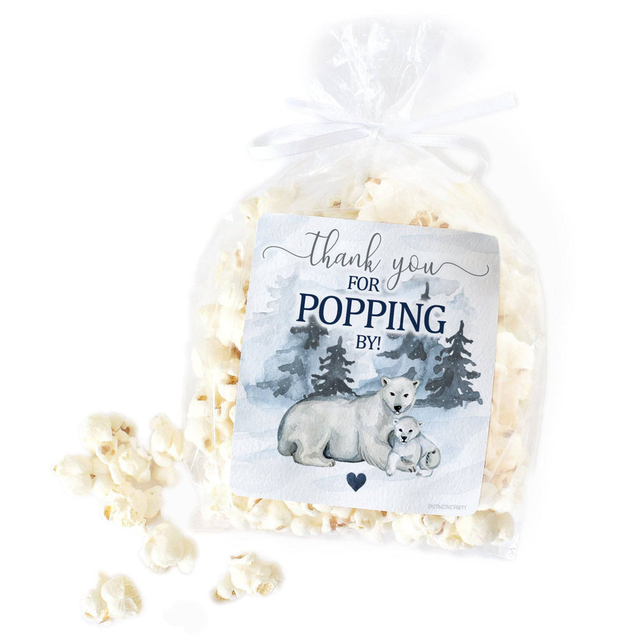 Polar Bear We Can Bearly Wait: Winter Baby Shower - Thank You for Popping By, Popcorn, Chip Bag and Snack Bag Stickers - 32 Pack - Distinctivs Party