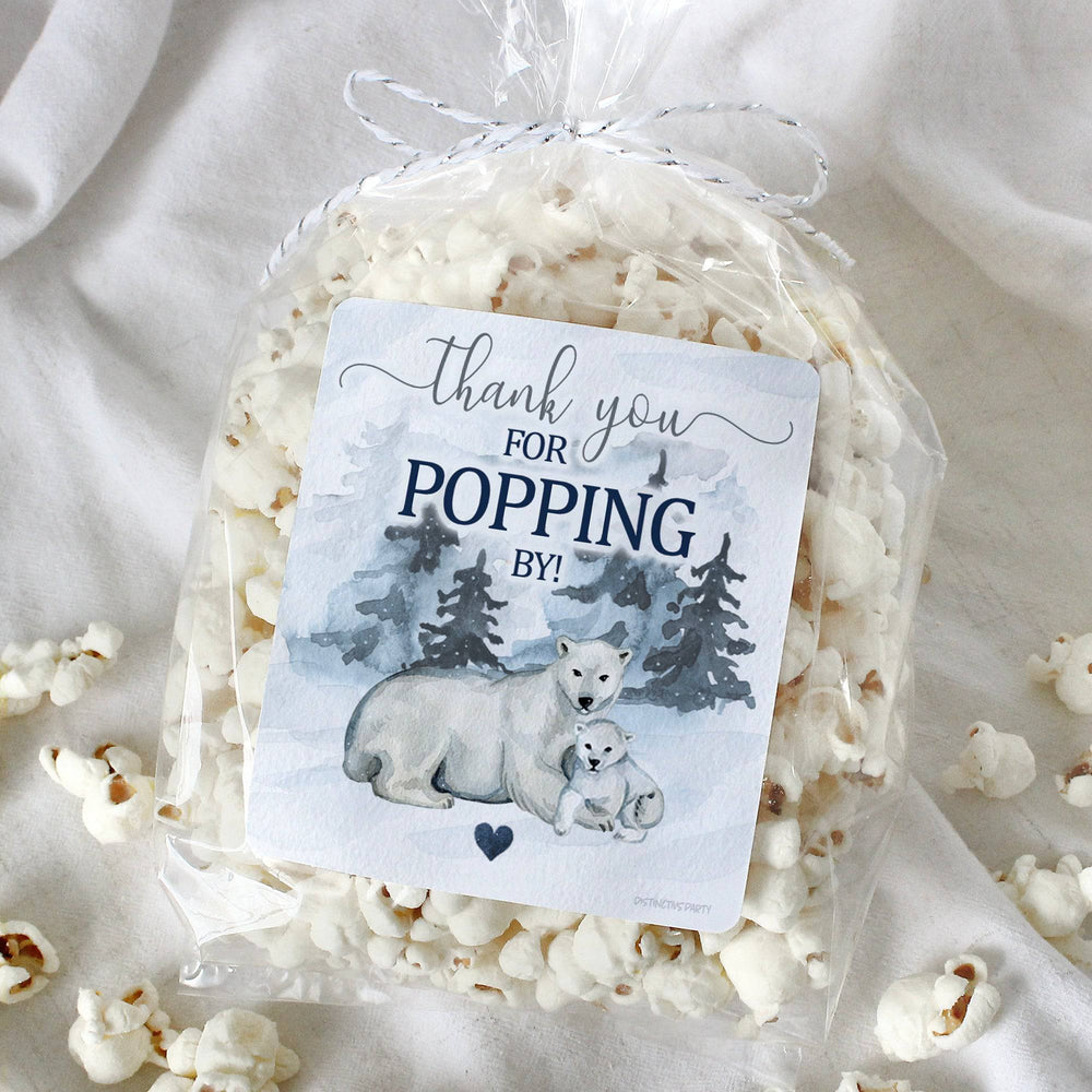 Polar Bear We Can Bearly Wait: Winter Baby Shower - Thank You for Popping By, Popcorn, Chip Bag and Snack Bag Stickers - 32 Pack - Distinctivs Party