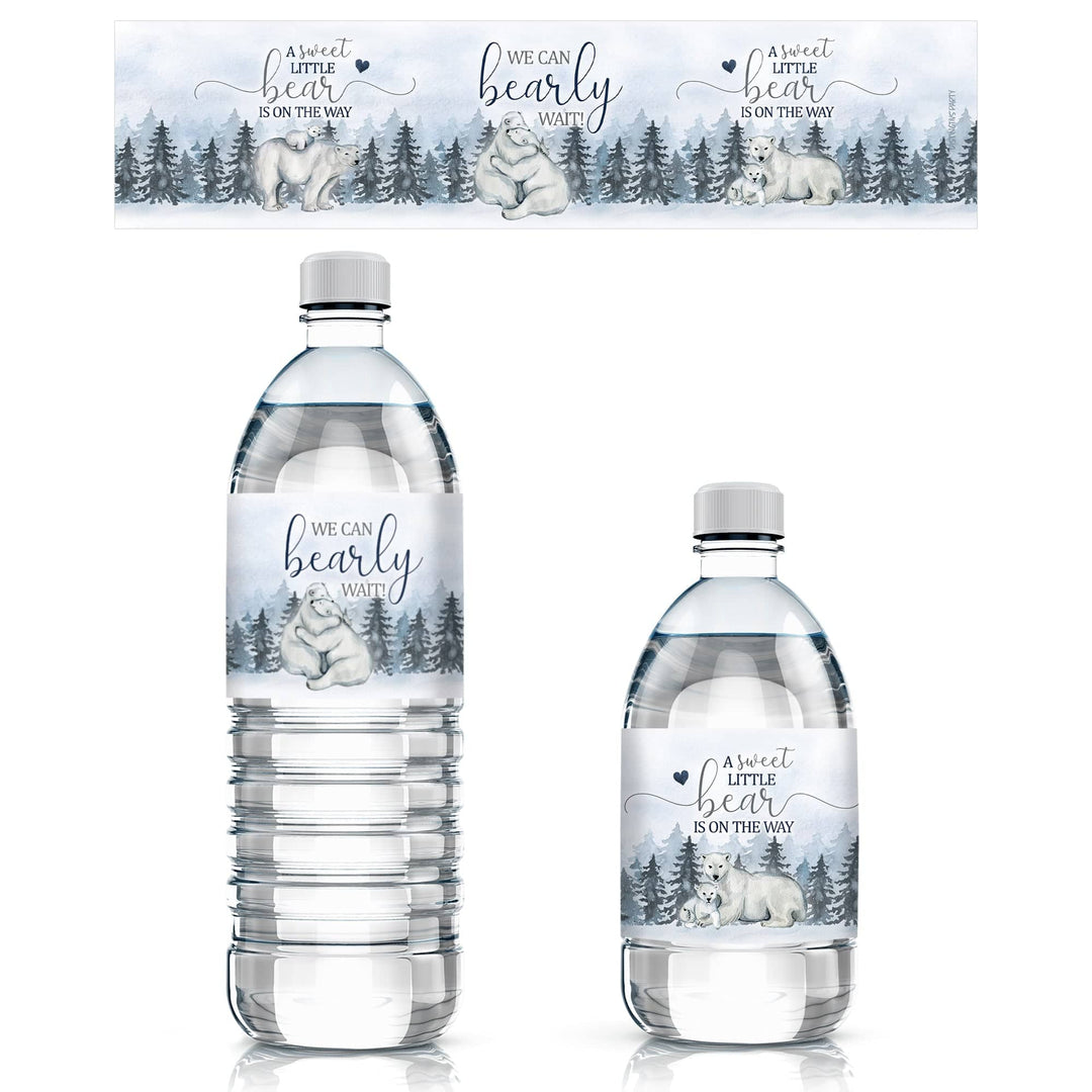 Oso polar We Can Bearly Wait: Baby Shower de invierno - Etiquetas adhesivas para botellas de agua - 24 pegatinas impermeables