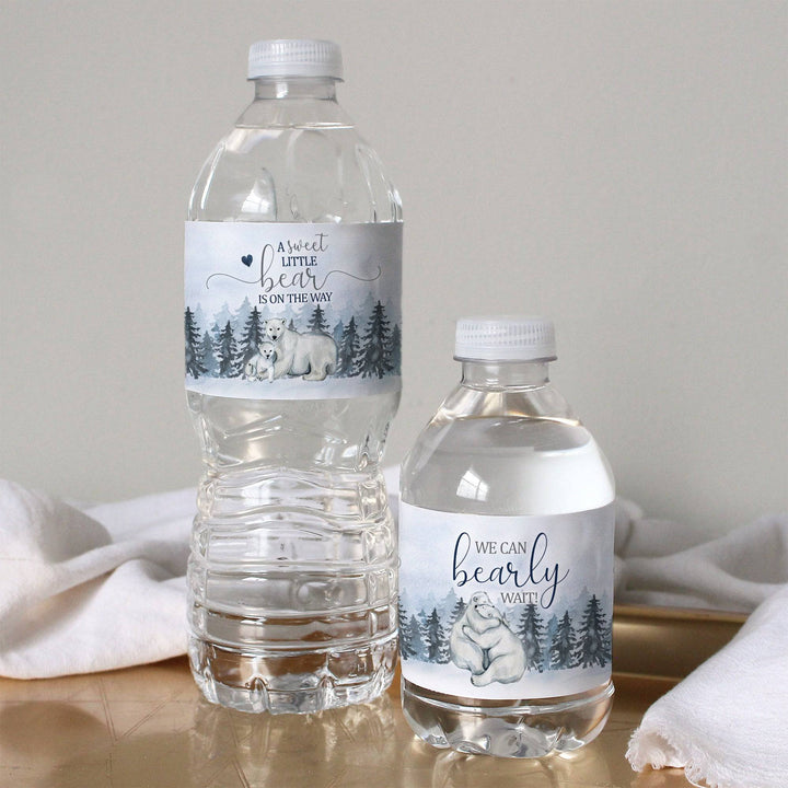 Oso polar We Can Bearly Wait: Baby Shower de invierno - Etiquetas adhesivas para botellas de agua - 24 pegatinas impermeables