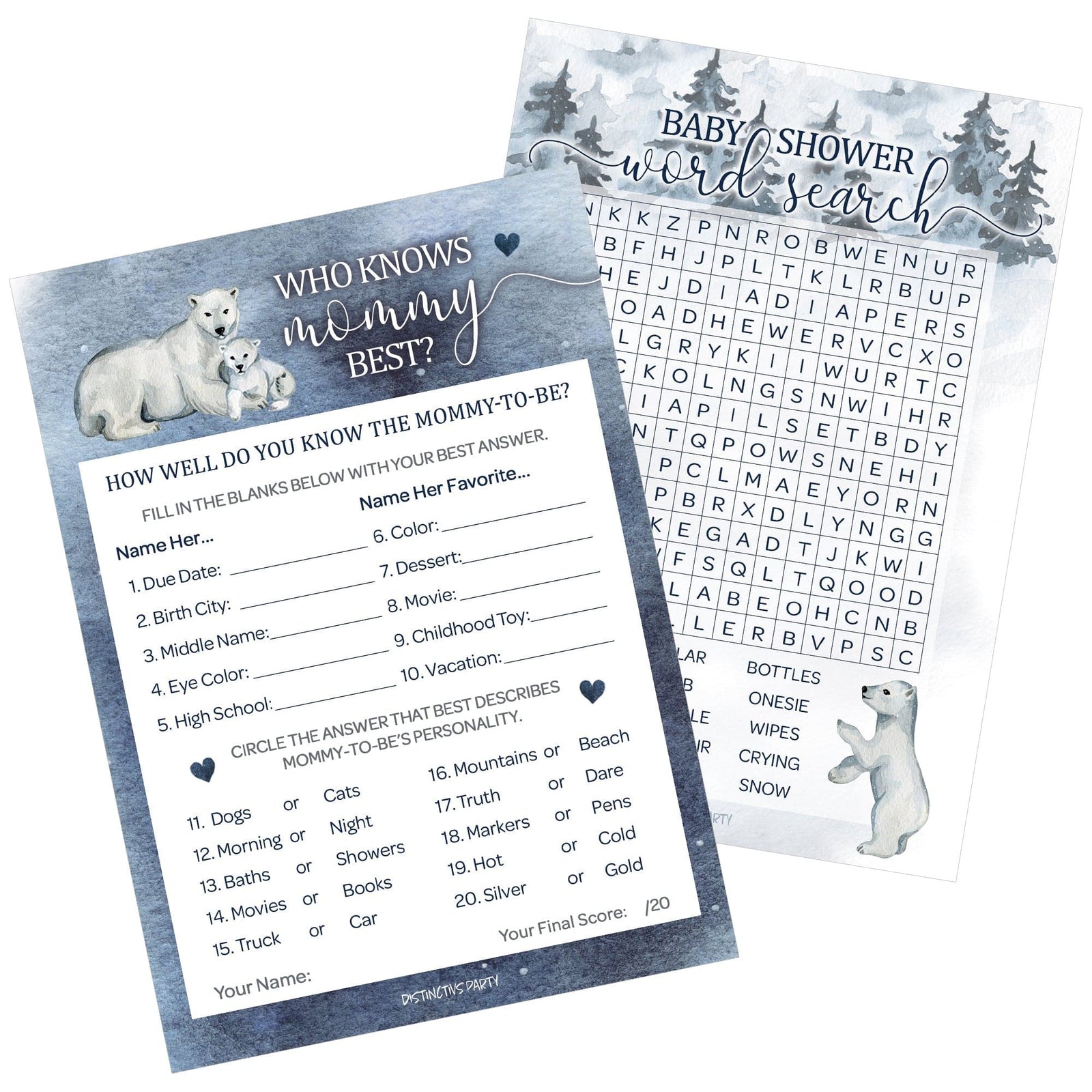 Polar Bear: Winter Baby Shower Game Bundle - Word Search and Who Knows Mommy Best - 2 Sided Game - 20 Cards - Distinctivs Party