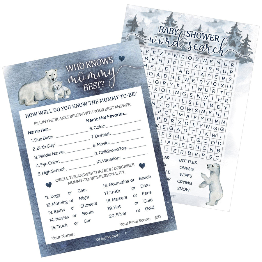 Polar Bear: Winter Baby Shower Game Bundle - Word Search and Who Knows Mommy Best - 2 Sided Game - 20 Cards - Distinctivs Party