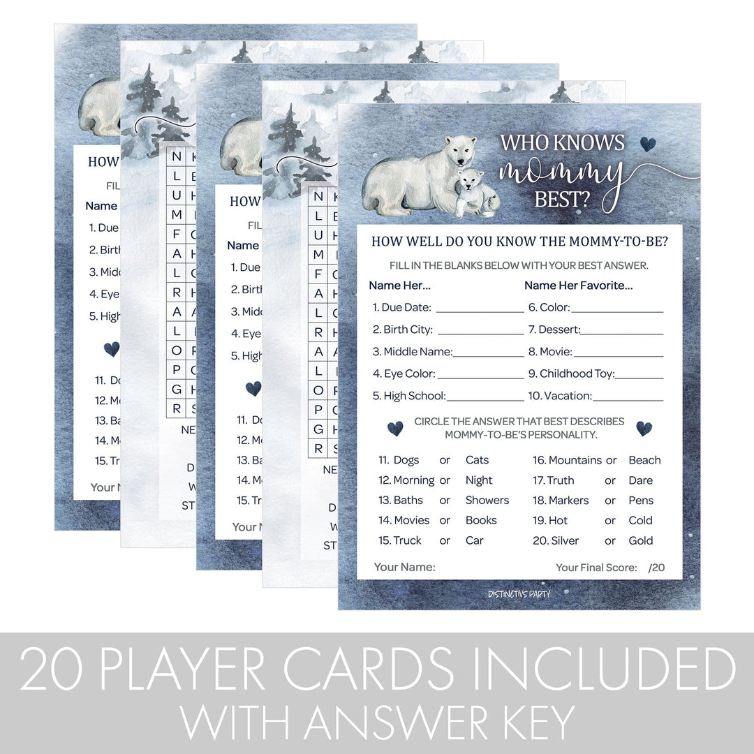 Polar Bear: Winter Baby Shower Game Bundle - Word Search and Who Knows Mommy Best - 2 Sided Game - 20 Cards - Distinctivs Party