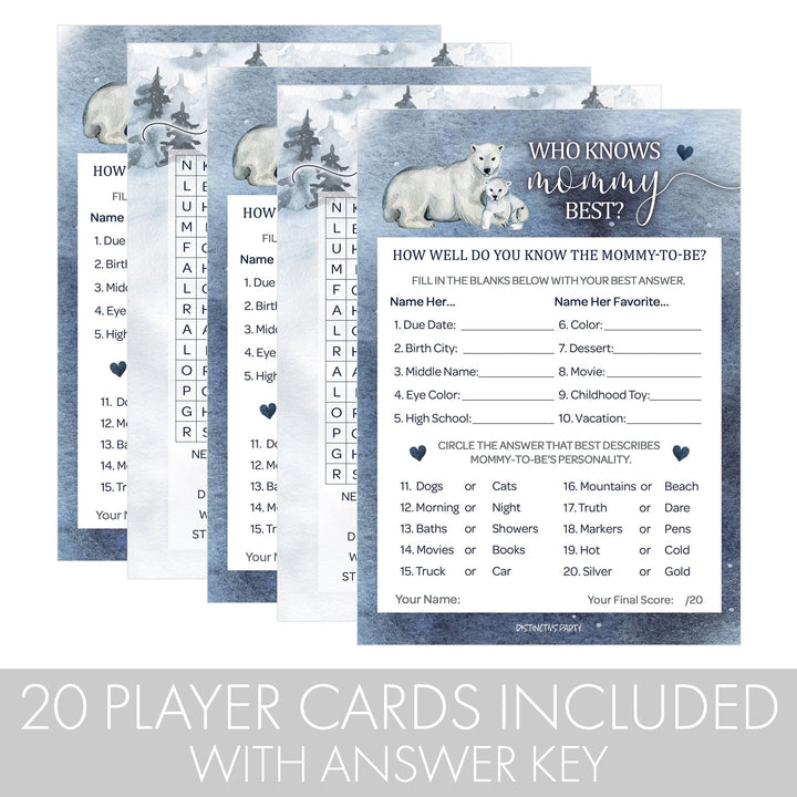 Polar Bear: Winter Baby Shower Game Bundle - Word Search and Who Knows Mommy Best - 2 Sided Game - 20 Cards - Distinctivs Party