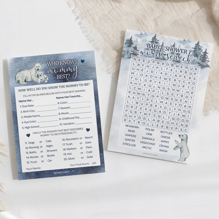 Polar Bear: Winter Baby Shower Game Bundle - Word Search and Who Knows Mommy Best - 2 Sided Game - 20 Cards - Distinctivs Party
