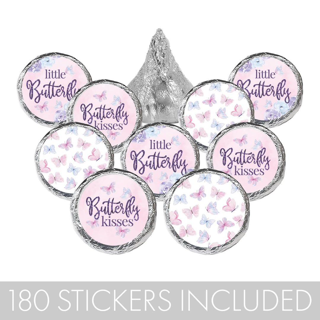 Pegatinas de besos para baby shower, diseño de mariposa morada, 180 etiquetas para regalos de fiesta