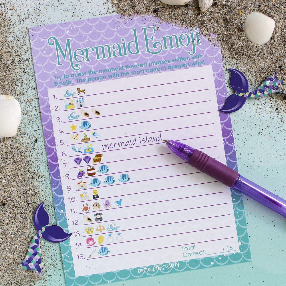 Purple Mermaid Birthday Party Emoji Game – 10 Cards