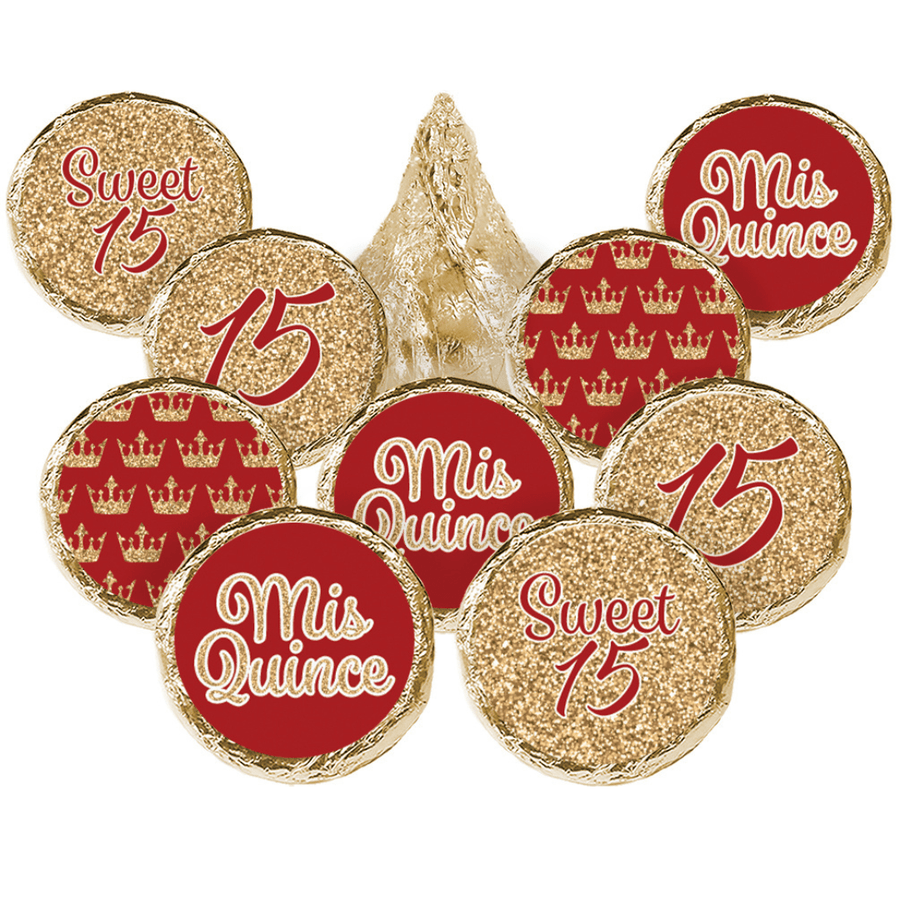 Quinceañera: Red & Gold - Sparkling Mis Quince 15th Birthday - Party Favor Stickers - Fits on Hershey® Kisses - 180 Stickers - Distinctivs Party