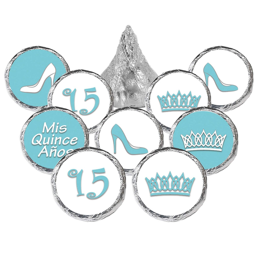 Quinceañera: Robin's Egg Blue - Party Favor Stickers - Fits on Hershey's Kisses - 180 Stickers - Distinctivs Party