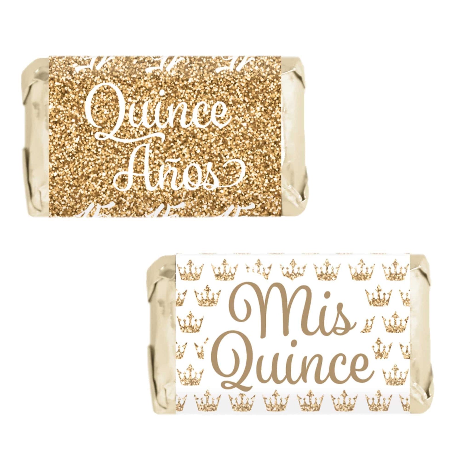 Quinceañera: White & Gold - Sparkling Mis Quince 15th Birthday - Hershey® Miniatures Candy Bar Wrappers Stickers - 45 Stickers - Distinctivs Party