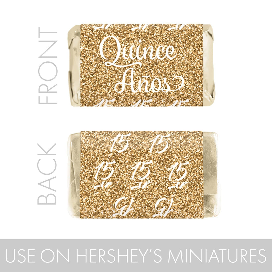 Quinceañera: White & Gold - Sparkling Mis Quince 15th Birthday - Hershey® Miniatures Candy Bar Wrappers Stickers - 45 Stickers