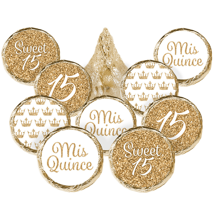 Quinceañera: White & Gold - Sparkling Mis Quince 15th Birthday - Party Favor Stickers - Fits on Hershey®Kisses - 180 Stickers