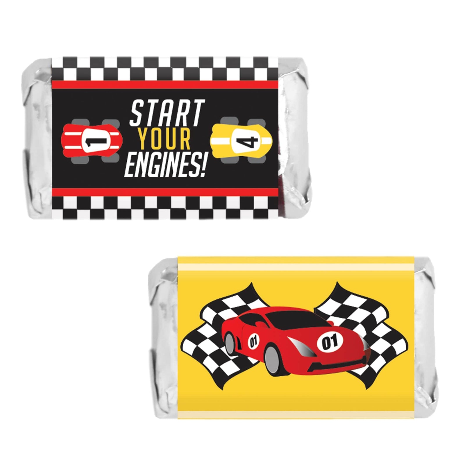 Race Car - Kid's Birthday - Hershey's Miniatures Candy Bar Wrappers Stickers - 42 Stickers - Distinctivs Party